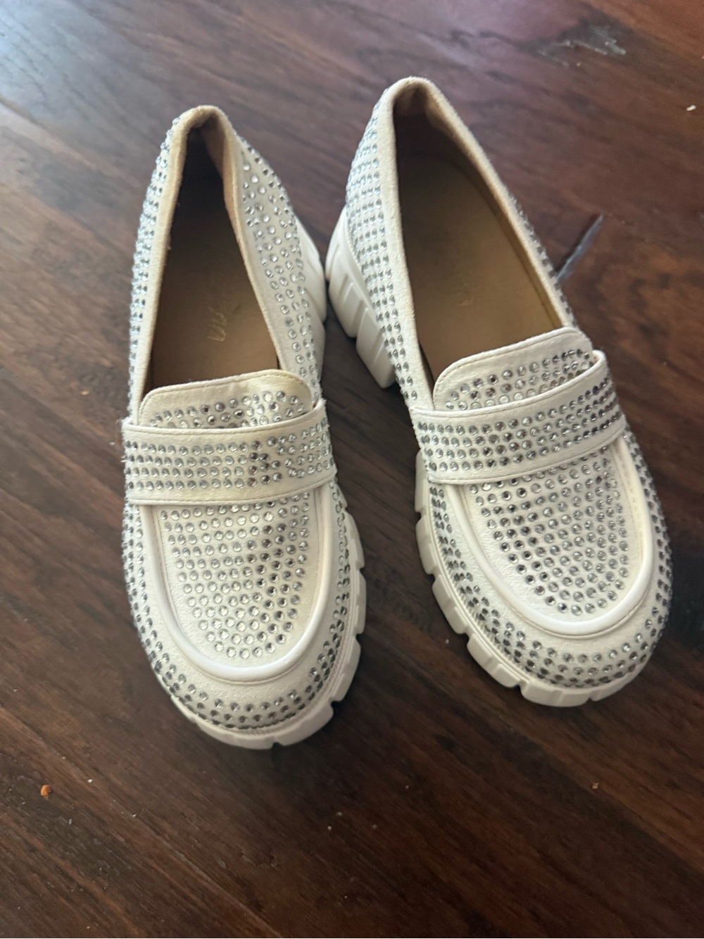 Crystal-Embellished White Slip-On Loafers